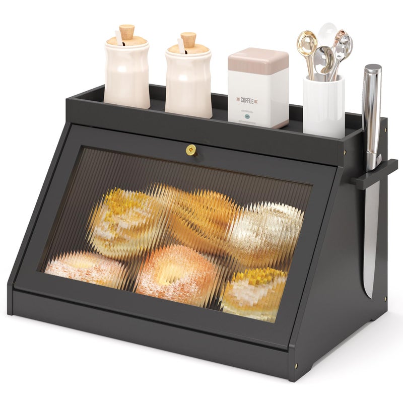 Wisuce Essentials Bamboo Bread Box with Shelf for Kitchen Counter-Large Capacity Bread Storage Container with Wavy Arcylic Transparent Door Bamboo Wooden Farmhouse Bread Box for Your House (Black) - Image 1