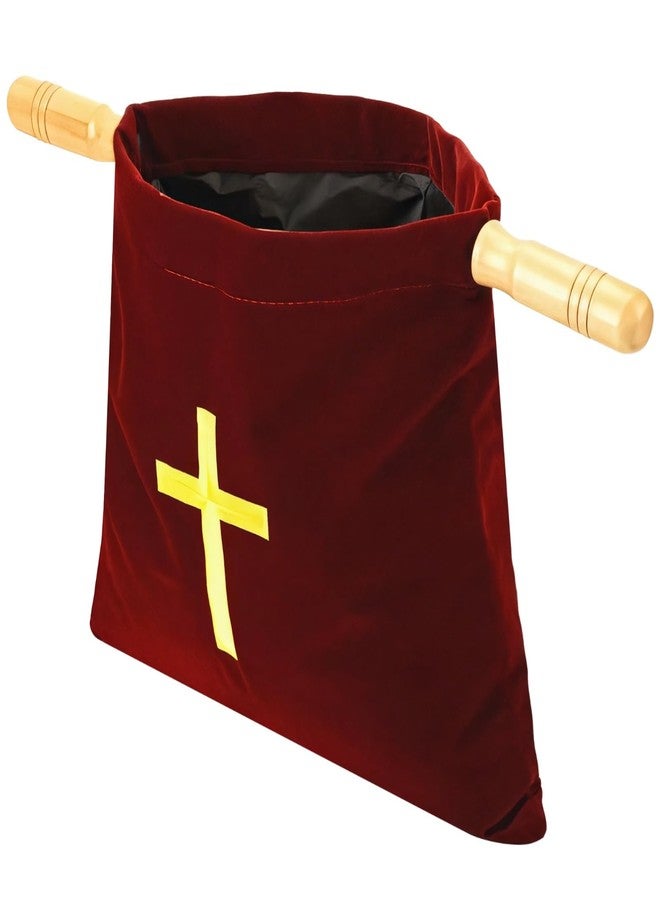 DORMIYA Velvet Church Offering Bag, Religious Offering Pouch with Wooden Handles, Elegant Cross Embroidery for Church Donations, Sturdy and Soft, 10 x 11.3 in, Ideal for Religious Events - Image 1
