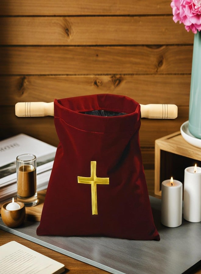 DORMIYA Velvet Church Offering Bag, Religious Offering Pouch with Wooden Handles, Elegant Cross Embroidery for Church Donations, Sturdy and Soft, 10 x 11.3 in, Ideal for Religious Events - Image 2