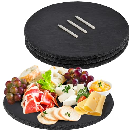 MAPRIAL 11 x 11 In 4 Pack Slate Cheese Boards Round Black Stone Plates Charcuterie Boards Serving Tray Slate Platter Display Chalkboard with Soapstone Chalk for Halloween Christmas Party Gifts