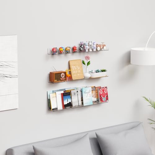 Yieach 4 Pack Acrylic Shelves for Wall Storage,No Drilling Adhesive Shelves,Clear Stick On Bathroom Wall Shelf Organizers,Plastic Floating Shelves for Perfume,Funko,Lego,Skincare,Bookshelf for Kids - Image 2