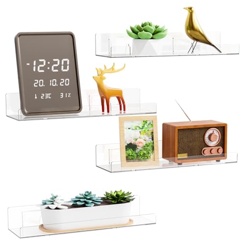 Yieach 4 Pack Acrylic Shelves for Wall Storage,No Drilling Adhesive Shelves,Clear Stick On Bathroom Wall Shelf Organizers,Plastic Floating Shelves for Perfume,Funko,Lego,Skincare,Bookshelf for Kids - Image 1
