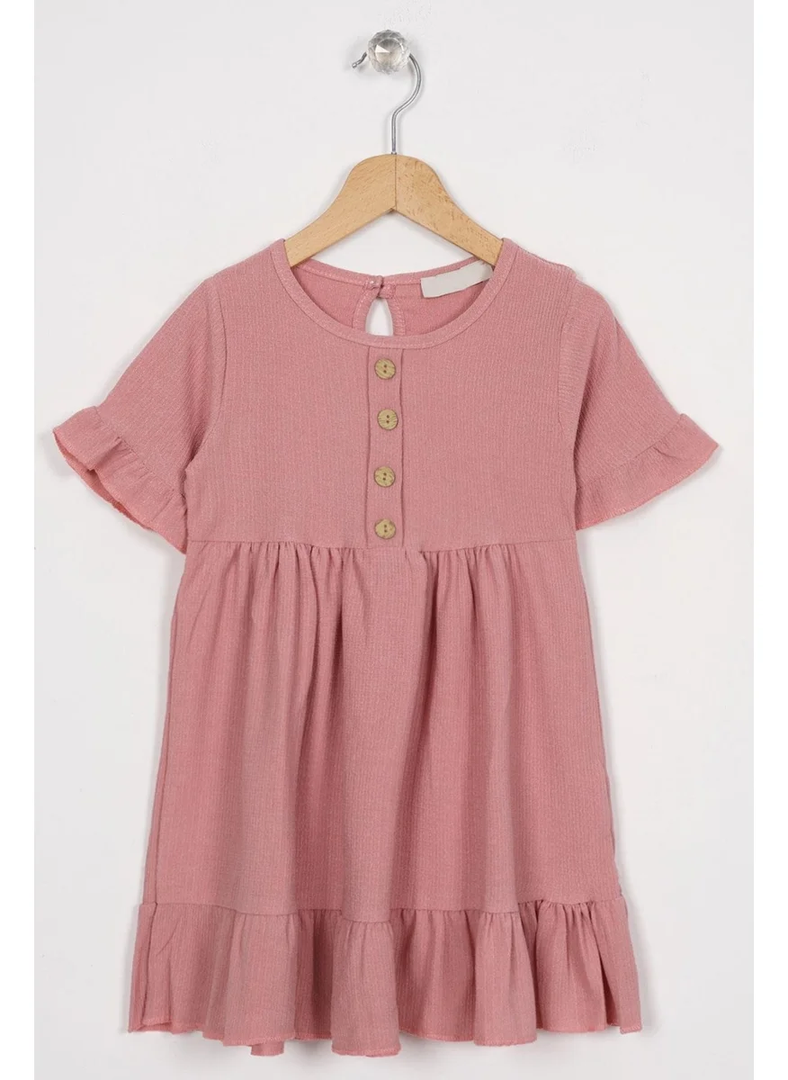زيبكيدز Crew Neck Short Sleeve Ruffle Buttoned Rose Color Girl Dress