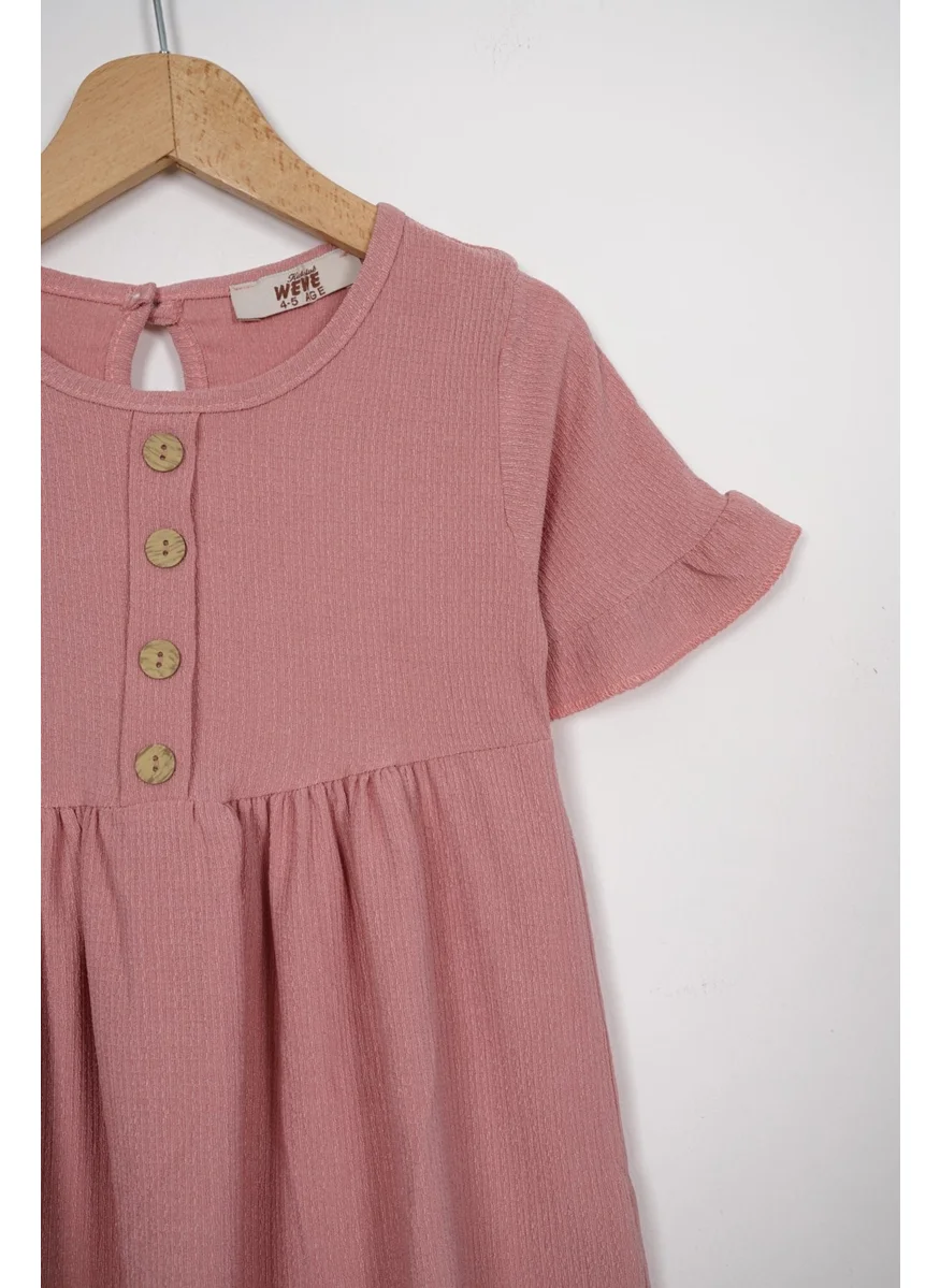 زيبكيدز Crew Neck Short Sleeve Ruffle Buttoned Rose Color Girl Dress