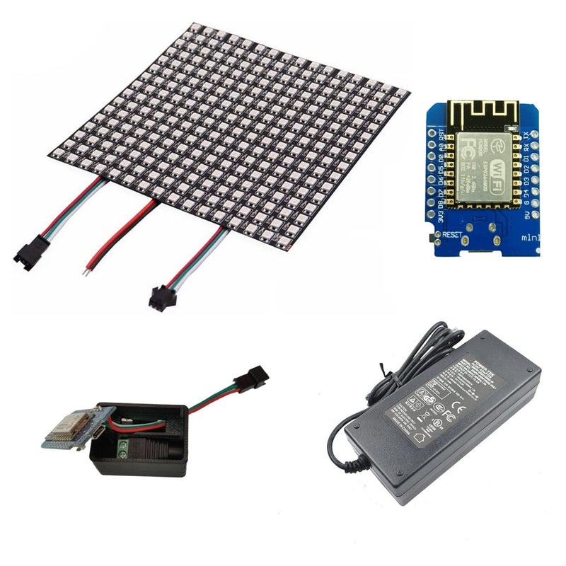 Electrobot WS2812B 16x16 LED Matrix Combo with Preinstalled WLED, Wemos D1 Mini, 5V 5A Power Adapter, and 3D Printed Case with DC Jack Support - Plug and Play RGB Lighting Solution - Image 1