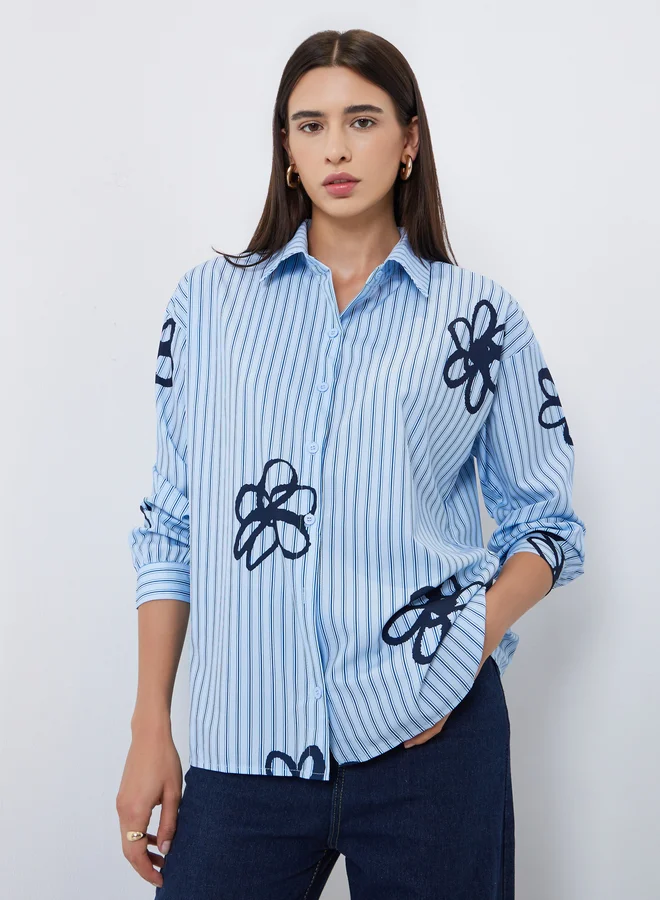 Styli Styli Blue Striped Floral Print Oversized Shirt