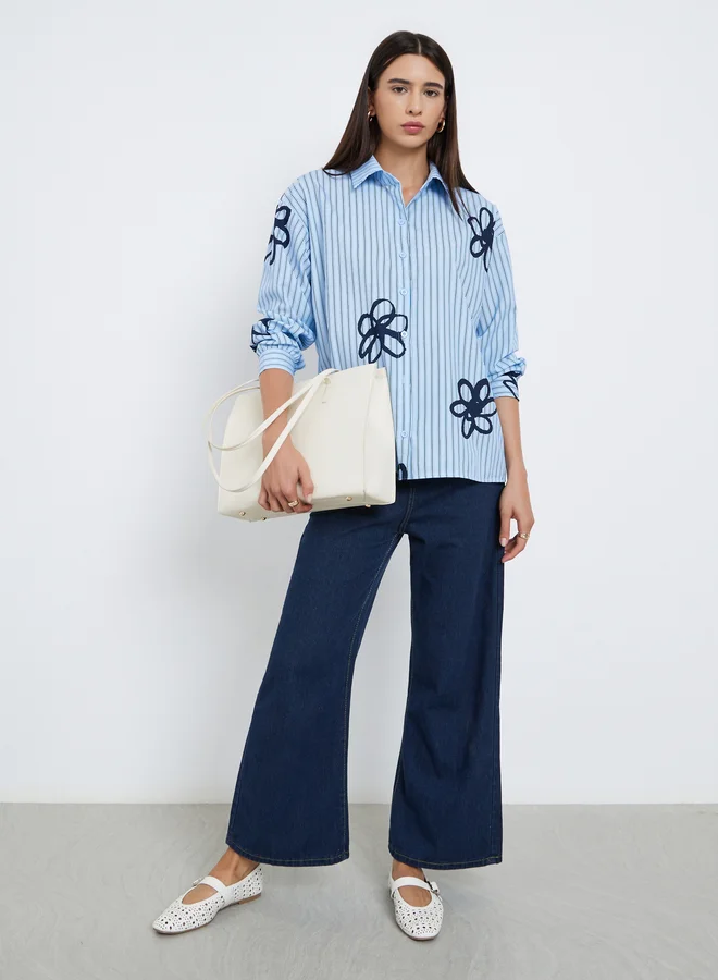 Styli Styli Blue Striped Floral Print Oversized Shirt