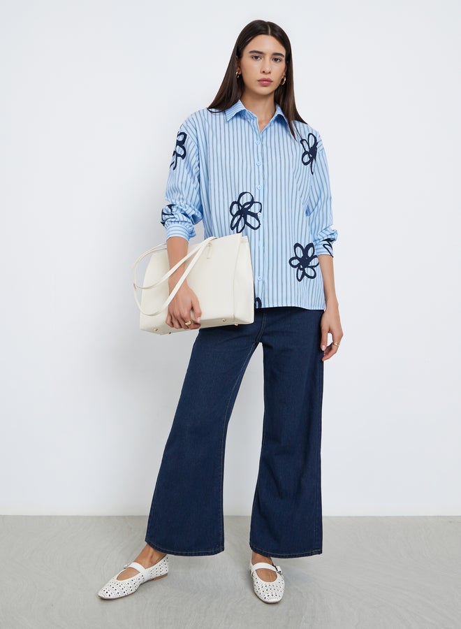 Styli Blue Striped Floral Print Oversized Shirt - Image 1