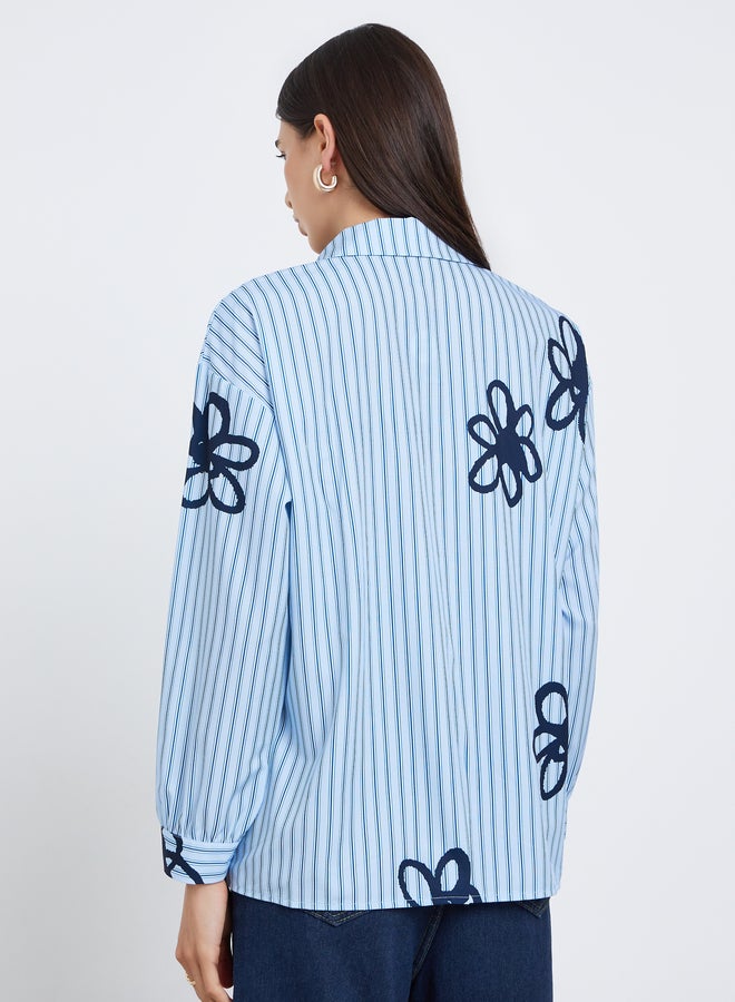 Styli Blue Striped Floral Print Oversized Shirt - Image 5