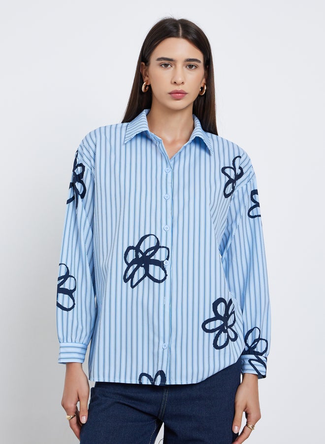 Styli Blue Striped Floral Print Oversized Shirt - Image 3