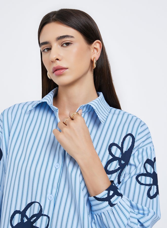 Styli Blue Striped Floral Print Oversized Shirt - Image 4