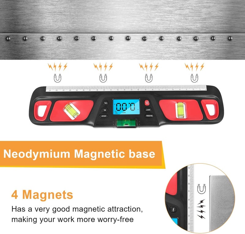 Digital Display Level Meter HW - 200 Angle Ruler with 3 Measurement Modes, 4 Strong Magnets, and Backlight - Precise ±0.1° Accuracy for Construction and Home Decoration (Red) - Image 3