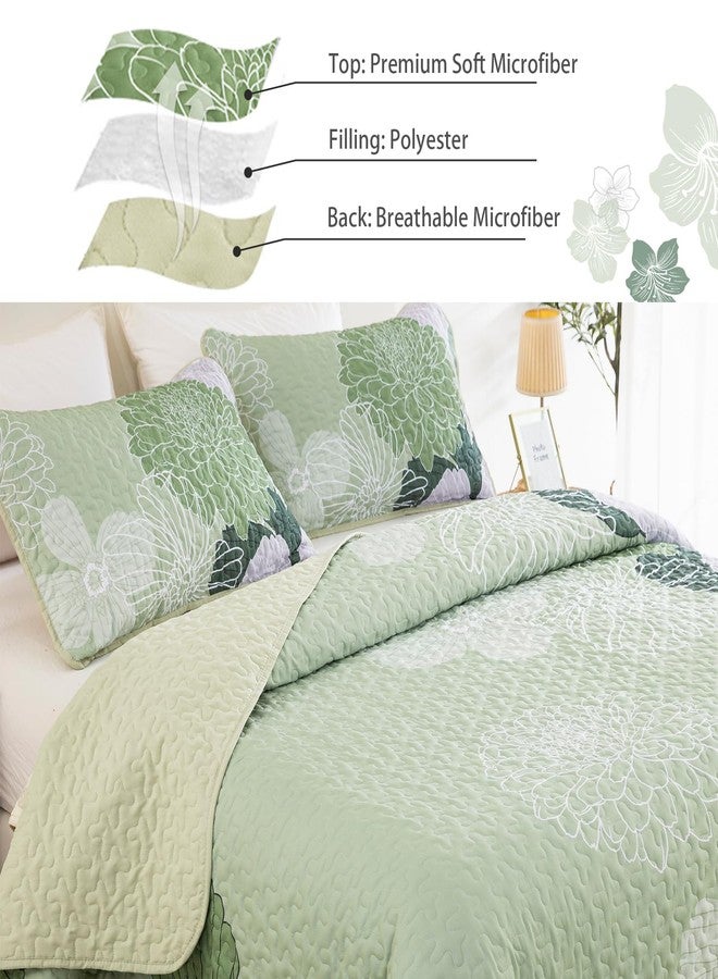 Yiran Floral Quilt Set Queen Size Sage Green Botanical Bedspreads Bedding Set 3 Pieces Lightweight Summer Coverlet with 2 Pillow Shams 96x90 Inch - Image 3