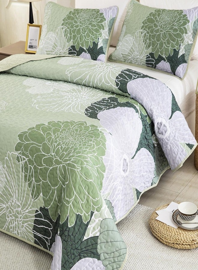 Yiran Floral Quilt Set Queen Size Sage Green Botanical Bedspreads Bedding Set 3 Pieces Lightweight Summer Coverlet with 2 Pillow Shams 96x90 Inch - Image 2