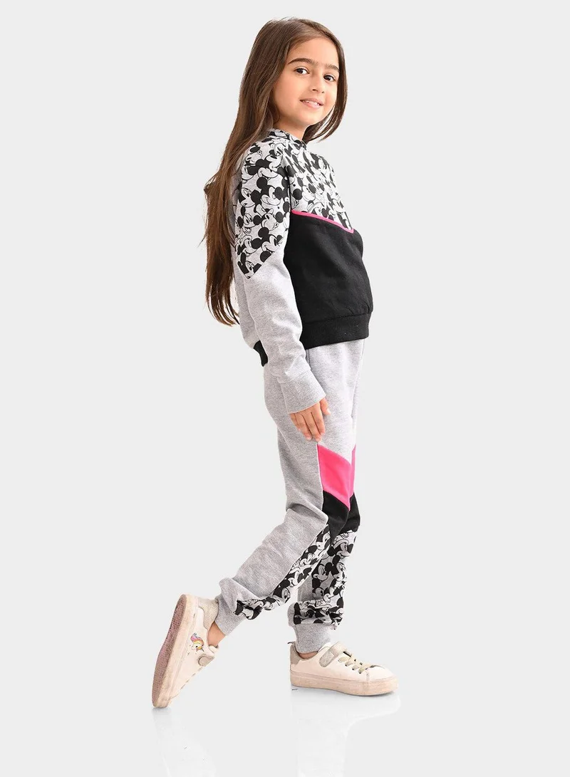 Bonkids Regular Fit Printed Grey And Multicolour Cotton Sets For Girls Round Neck Flat Collar Pull On 100 % Cotton