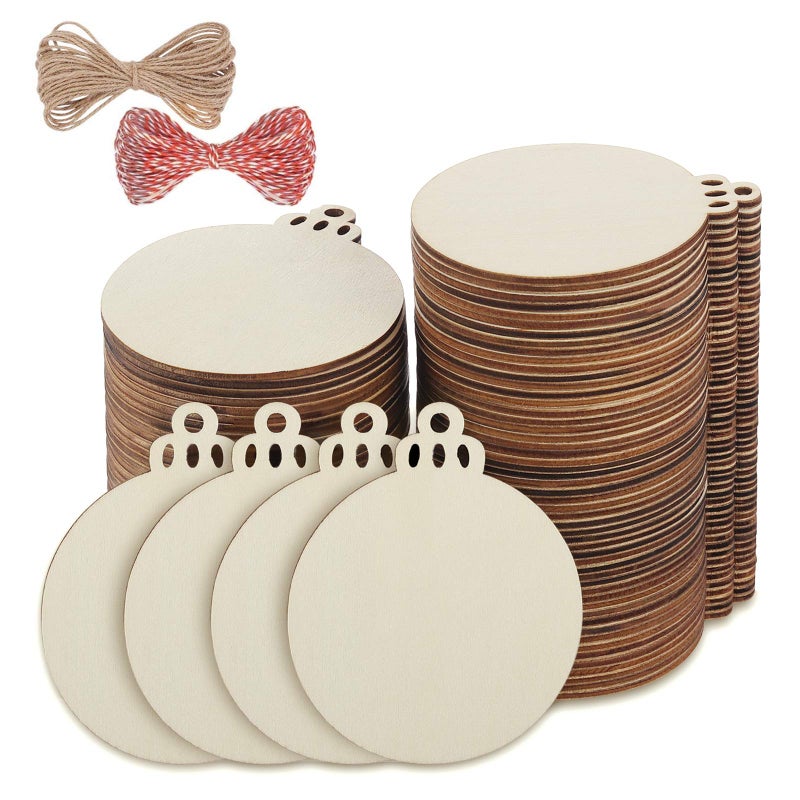 Fuyit 100Pcs 35 Inch Wooden Christmas Ornaments Unfinished Wood Slices with Holes Predrilled Wood Round Circles Blank Discs for DIY Crafts Party Decorations