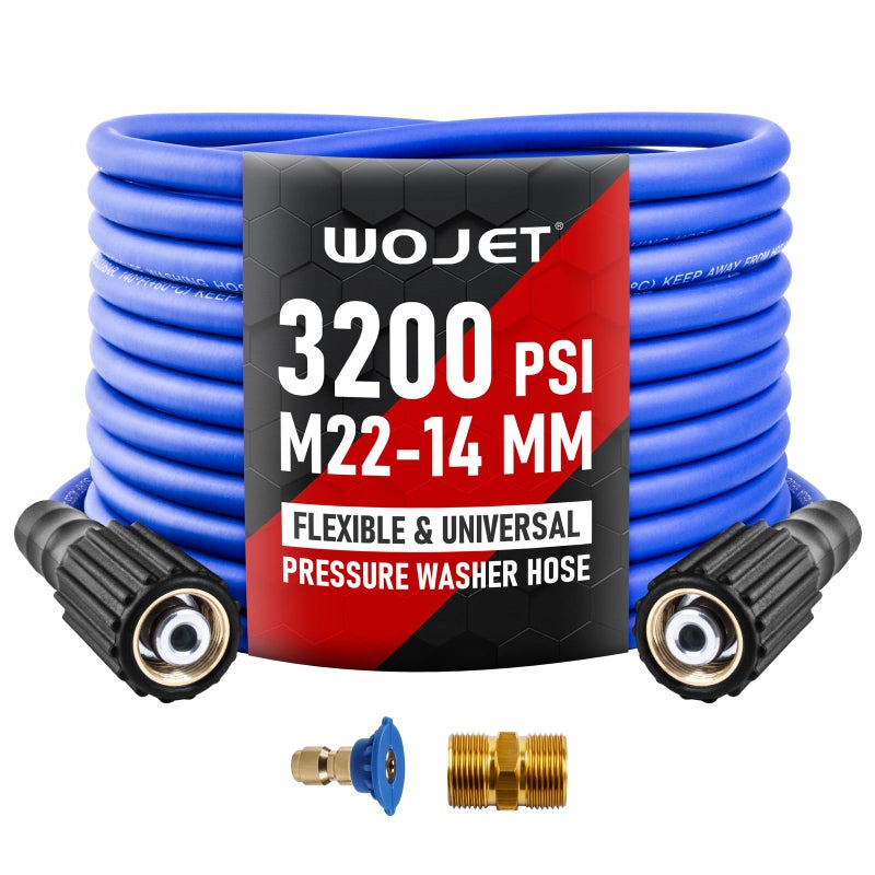 WOJET خرطوم غسالة الضغط WOJET بطول 25 قدم × 1/4 بوصة، خرطوم بديل فائق المرونة لطرازات Ryobi و Greenworks، خرطوم غسالة الضغط مع موصل M22 14 مم، خرطوم عالي الضغط يناسب غسالات الضغط الكهربائية، 3200 PSI - Image 1