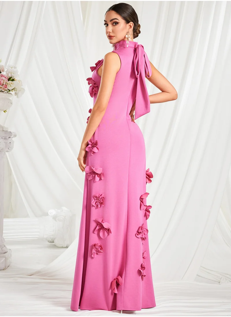 Madam Uniq Elegant Pink Dress with Stand Collar and Bowknot Floral Design for Women - Summer Collection