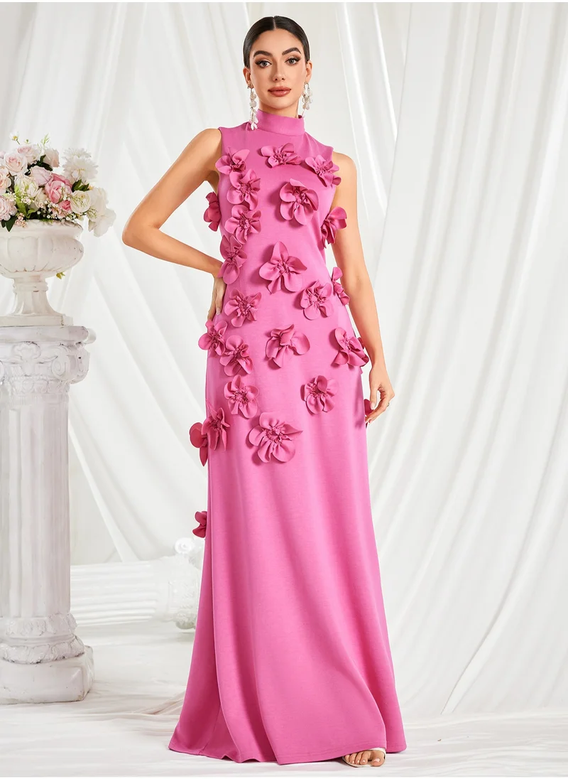Madam Uniq Elegant Pink Dress with Stand Collar and Bowknot Floral Design for Women - Summer Collection