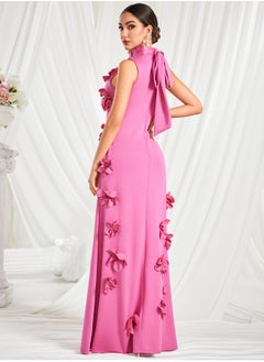 Madam Uniq Elegant Pink Dress with Stand Collar and Bowknot Floral Design for Women - Summer Collection  - Image 2