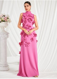Madam Uniq Elegant Pink Dress with Stand Collar and Bowknot Floral Design for Women - Summer Collection  - Image 3