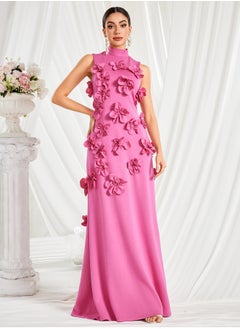 Madam Uniq Elegant Pink Dress with Stand Collar and Bowknot Floral Design for Women - Summer Collection  - Image 1