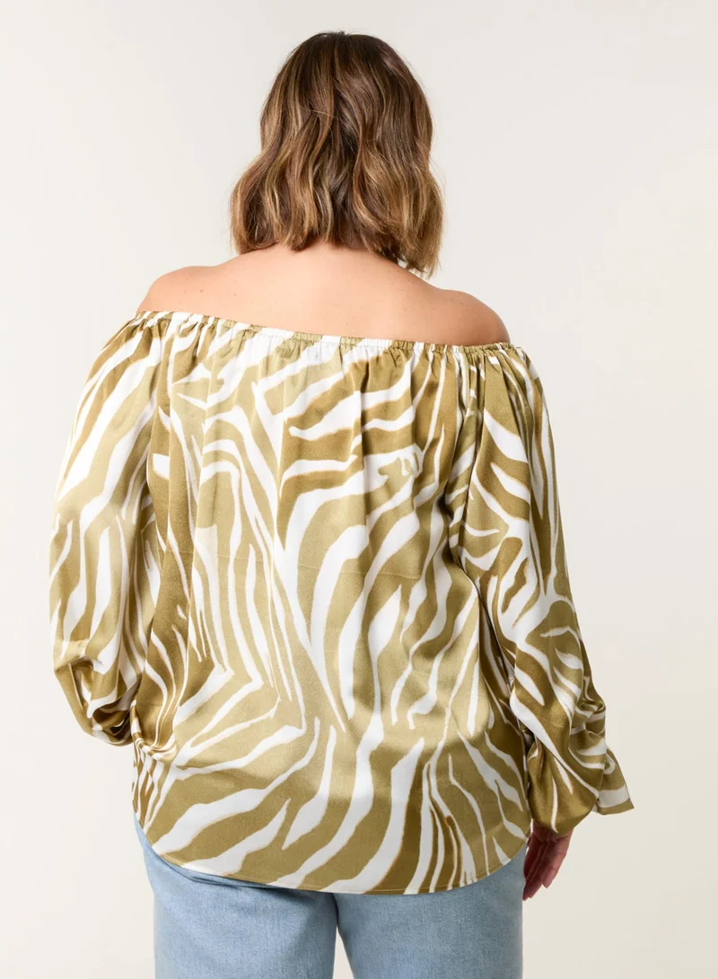 Blue Vanilla Curve Zebra Satin Ruched Bardot Top