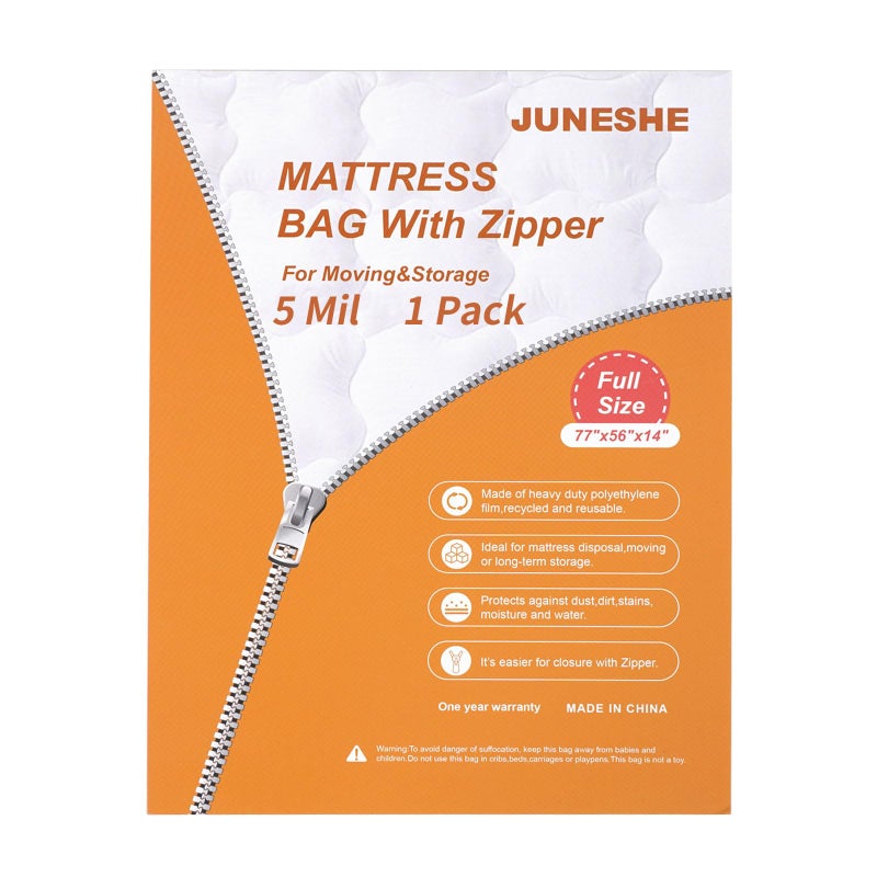 JUNESHE JUNESHE Full Mattress Bag for Moving and Storage Cover 5 Mil Zipper Plastic Waterproof Mattress Storage Bag77x56x14 inches1 Pack 