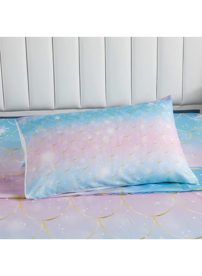 Roscloud Girls Mermaid Scale Bed Sheet Sets Twin Size - 2PC Rainbow Pearl Diamond Stars Kids Fitted Sheet（Fitted Sheet x 1 FPillowcase x 1） - Image 4