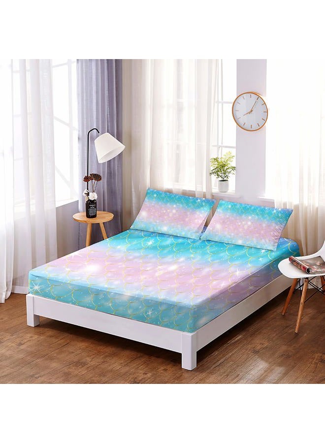 Roscloud Girls Mermaid Scale Bed Sheet Sets Twin Size - 2PC Rainbow Pearl Diamond Stars Kids Fitted Sheet（Fitted Sheet x 1 FPillowcase x 1） - Image 3