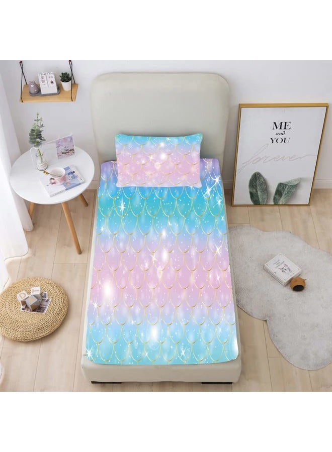 Roscloud Girls Mermaid Scale Bed Sheet Sets Twin Size - 2PC Rainbow Pearl Diamond Stars Kids Fitted Sheet（Fitted Sheet x 1 FPillowcase x 1） - Image 2