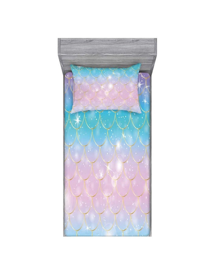 Roscloud Girls Mermaid Scale Bed Sheet Sets Twin Size - 2PC Rainbow Pearl Diamond Stars Kids Fitted Sheet（Fitted Sheet x 1 FPillowcase x 1） - Image 1