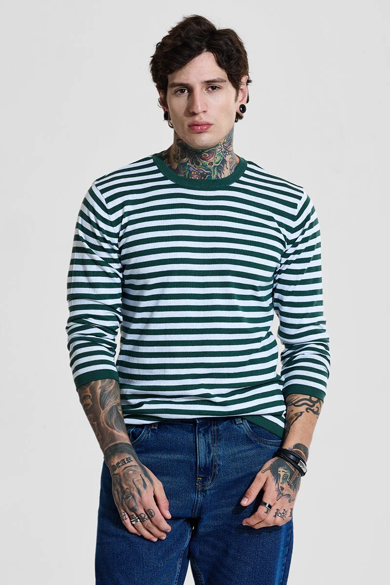 SNITCH Green Stripes Slim Fit T-Shirt