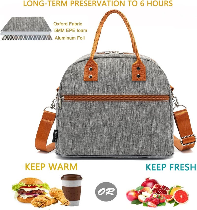 FlowFly Insulated Lunch Bag With Shoulder Strap for Women, Men, and Kids, Large and Reusable, Handle, Freezable Work and School Travel Tote and Meal Prep Organizer,Grey - Image 2
