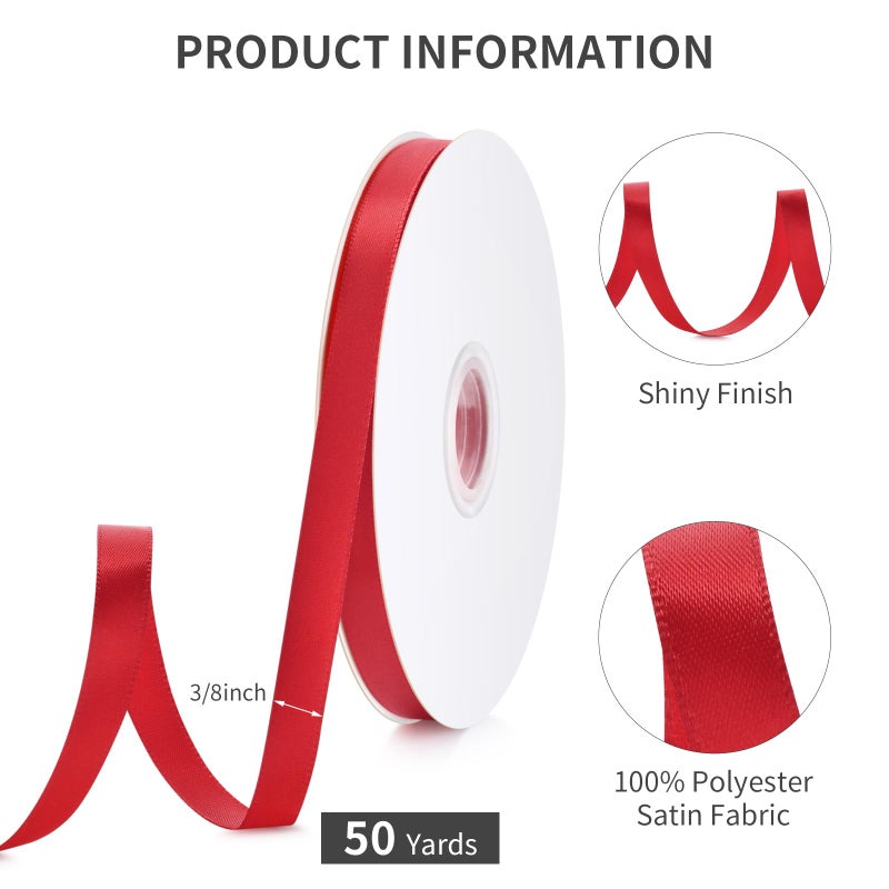 WUINOID 3/8" Red Ribbon, 50 Yards Easter Ribbon for Gift Wrapping, Satin Fabric Ribbons for Flower Bouquet Bridal Wedding Party Decoration Crafts Bow Making, Gift Wrapping Ribbons for Every Holiday - Image 2