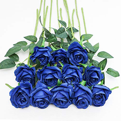 Tifuly 12 PCS Artificial Roses 1968 Single Long Stem Fake Rose Silk Bridal Wedding Bouquet Realistic Flower for Home Garden Party Hotel Office DecorBlossom RosesBlue