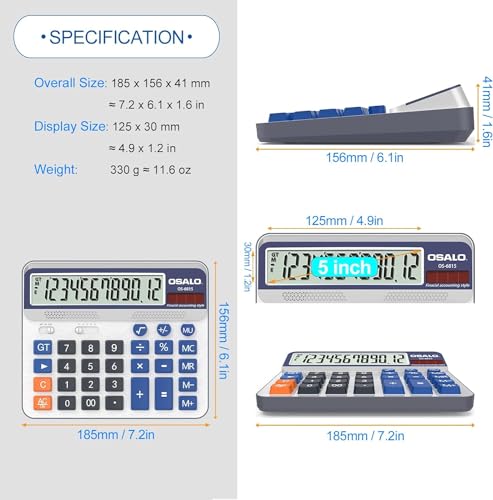 Pendancy Desktop Calculator Extra Large 5in LCD Display 12-Digit Big Button Giant Accounting Calculator, Battery & Solar Powered, for Office Business & Home(OS-6815) - Image 4