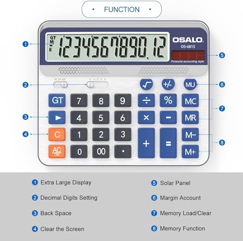 Pendancy Desktop Calculator Extra Large 5in LCD Display 12-Digit Big Button Giant Accounting Calculator, Battery & Solar Powered, for Office Business & Home(OS-6815) - Image 5