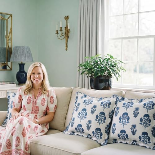 BrightRow 2 Pcs Scalloped Floral Block Print Pillow Cover 18 x 18 Inch Scallop Pillow Cover Grandmillennial Style Indoor Outdoor Scalloped Throw Home Decor (Classic) - Image 2