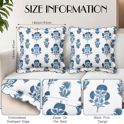 BrightRow 2 Pcs Scalloped Floral Block Print Pillow Cover 18 x 18 Inch Scallop Pillow Cover Grandmillennial Style Indoor Outdoor Scalloped Throw Home Decor (Classic) - Image 3