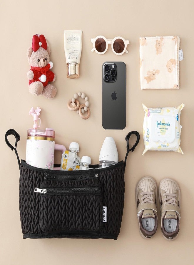 LUKJOJO Stroller Organizer - Stylish Quilting Nylon, Universal Fit, Detachable Bag, Adjustable Multi-Storage for Baby Stroller and Pet Stroller（Black-A - Image 2