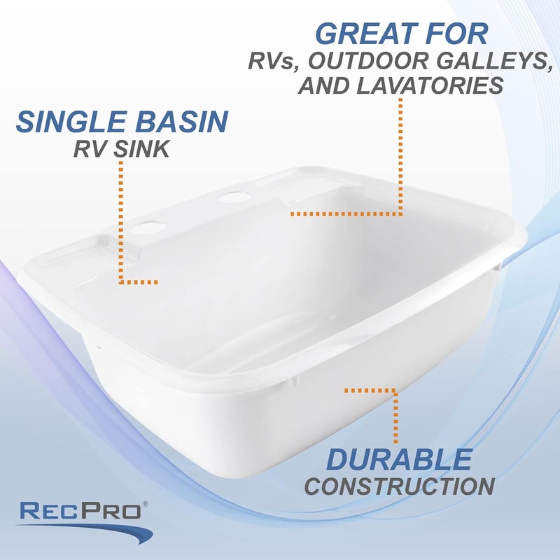 RecPro Rectangle RV Bathroom Sink | Single Bowl Lavatory Sink | Camper Basin | Plastic (White) - Image 3