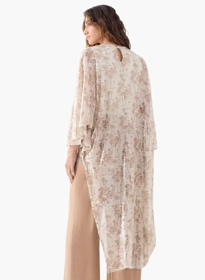 Iconic Iconic All-Over Print Asymmetric Top with Flared Sleeves
