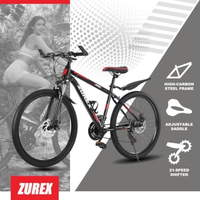 دراجة جبلية للبالغين، مقاس 26 بوصة MTB مع مبدلات 21 سرعة، نظام تعليق أمامي، فرامل قرصية مزدوجة، إطار فولاذي عالي الكربون، مقعد قابل للتعديل - Image 4