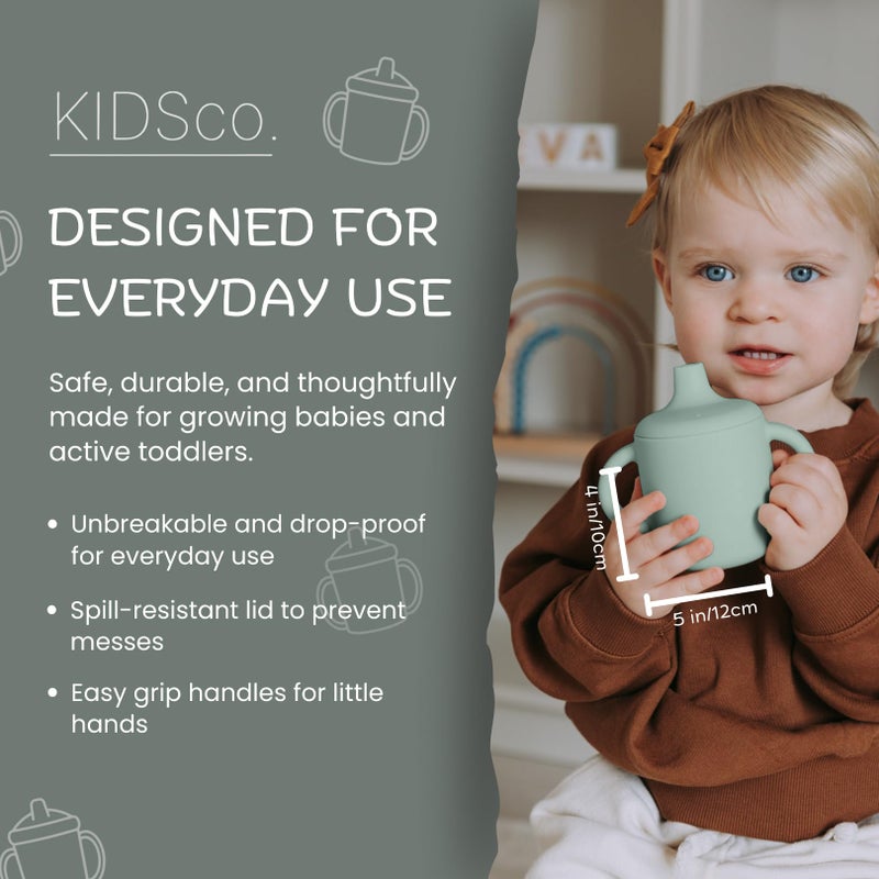 KIDSco. Silicone Sippy Cups (2 Pack) â€“ Soft Spout & Open Training Cups for Babies 6+ Months | Easy Grip Handles, Unbreakable BPA-Free Silicone, Leak-Resistant, Dishwasher Safe (Green and Sandy Shore) - Image 2