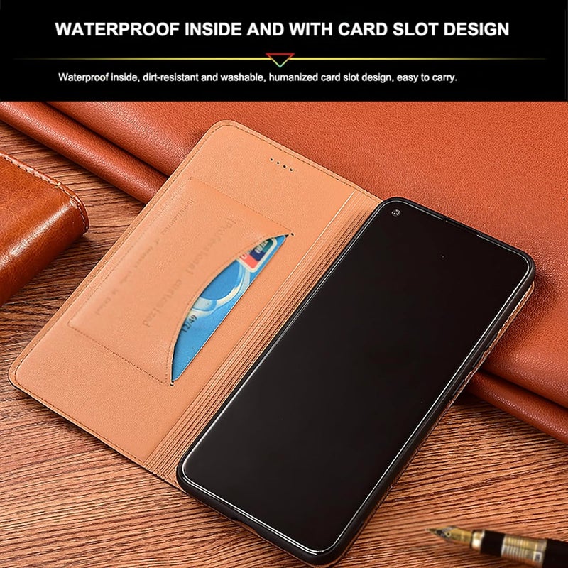 YUANSHXM-Wallet Case for OnePlus 12, All-Inclusive Protection Genuine Leather Magnetic Book Folding Flip Case with Kickstand TPU Shockproof Protective Phone Cover (Brown2) - Image 4