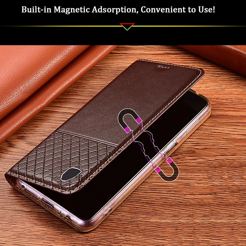 YUANSHXM-Wallet Case for OnePlus 12, All-Inclusive Protection Genuine Leather Magnetic Book Folding Flip Case with Kickstand TPU Shockproof Protective Phone Cover (Brown2) - Image 3