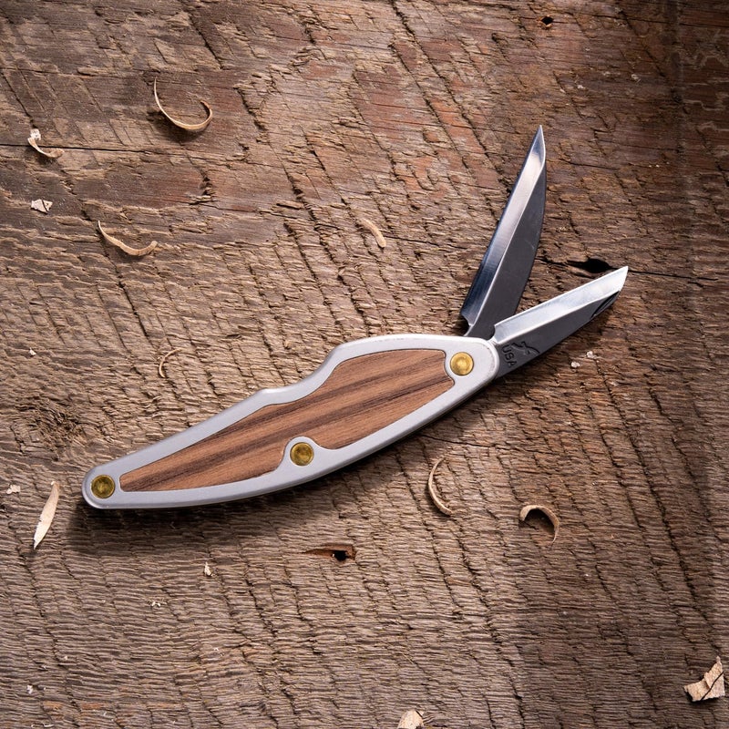 FLEXCUT Whittlin' Jack (JKN88) 2-Blade Pocket Carving Knife, High-Carbon Steel (1.5â€³ Detail + 2â€³ Roughing), Aluminum & Wood Handle, 3 oz, 4.25â€³ Closed, Made in USA - Image 2