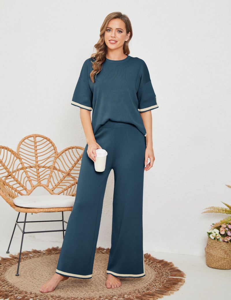 Tanming Sweater Sets Women 2 Piece Lounge Sets Short Sleeve Knit Pullover Tops Wide Leg Pants (Navy-M) - Image 5