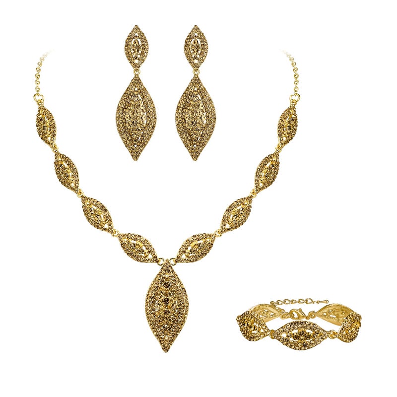 Flyonce Wedding Jewelry Set Rhinestone Crystal Bridal Leaf Necklace Drop Dangle Chandelier Earrings Sets Brown Gold-Tone - Image 1